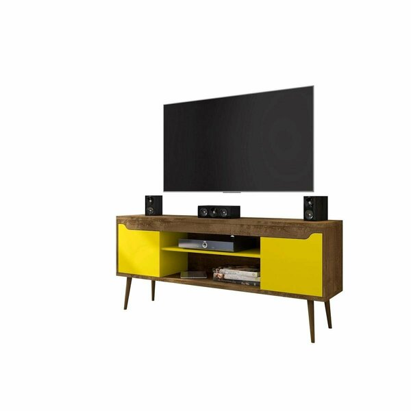 Designed To Furnish Bradley TV Stand Rustic Brown & Yellow, 2 Media, 2 Storage Shelves, 26.57 x 62.99 x 14.17 in. DE2616433